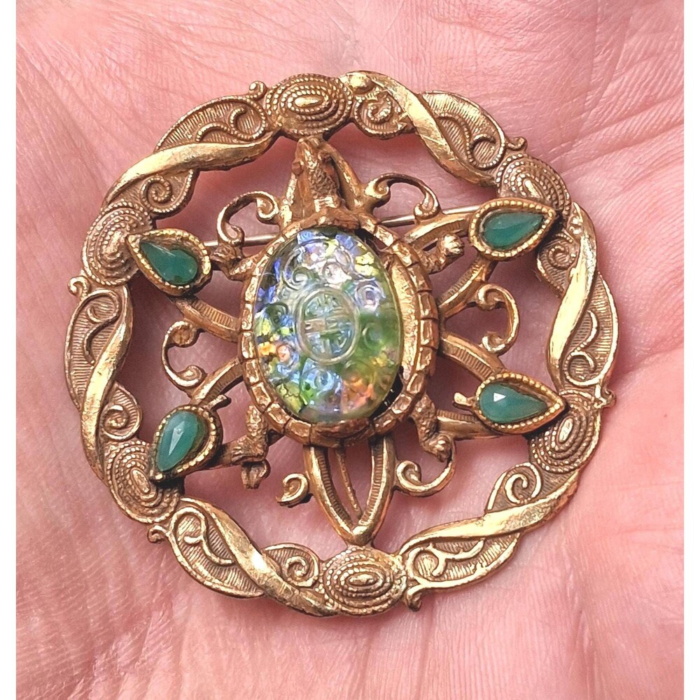 Vintage Opal Glass Faux Jade Brooch Asian Revival